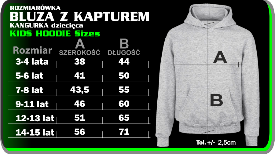 BLUZA KAPTUR DZIECIECA - rozmiarowka